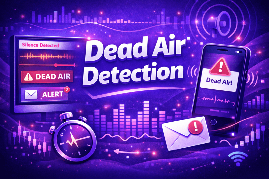 Radio studio scene showing a microphone, mixing desk, and screen displaying a dead air alert to illustrate dead air detection in online radio streams