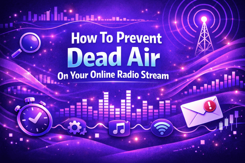 Illustration showing audio waveforms, monitoring icons, and a radio tower to represent preventing dead air on an online radio stream