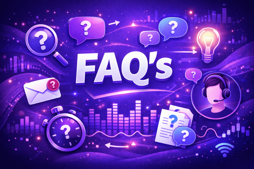 Monitor Your Streams FAQ page featured image with “FAQ’s” text and question mark support icons