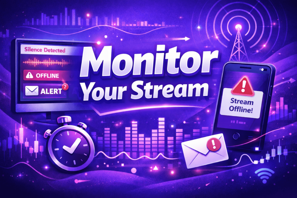 Monitor Your Streams featured image showing online radio monitoring with stream offline and silence detected alerts