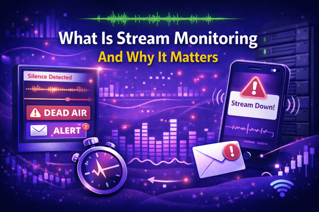Stream monitoring dashboard showing online radio status alerts and uptime