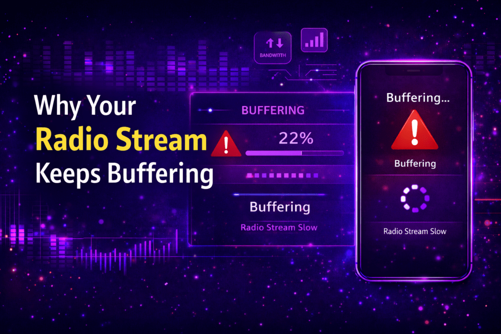 Radio stream buffering showing slow connection and buffering warning