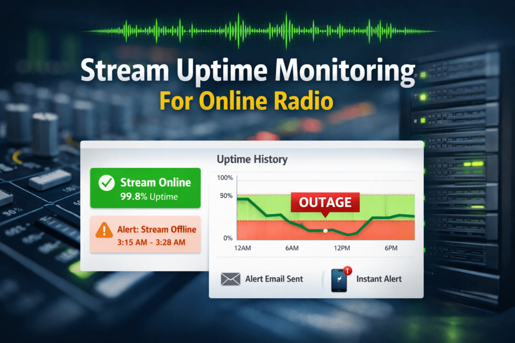 Stream uptime monitoring dashboard showing online radio status and alerts