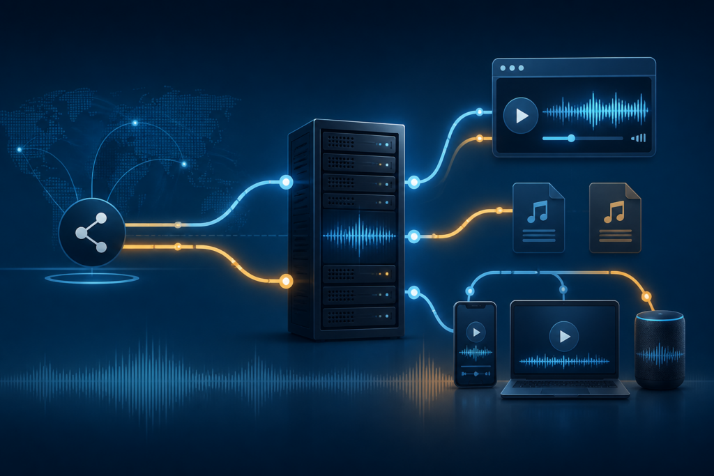 Diagram of a radio stream domain migration connecting DNS, stream servers, players and listeners