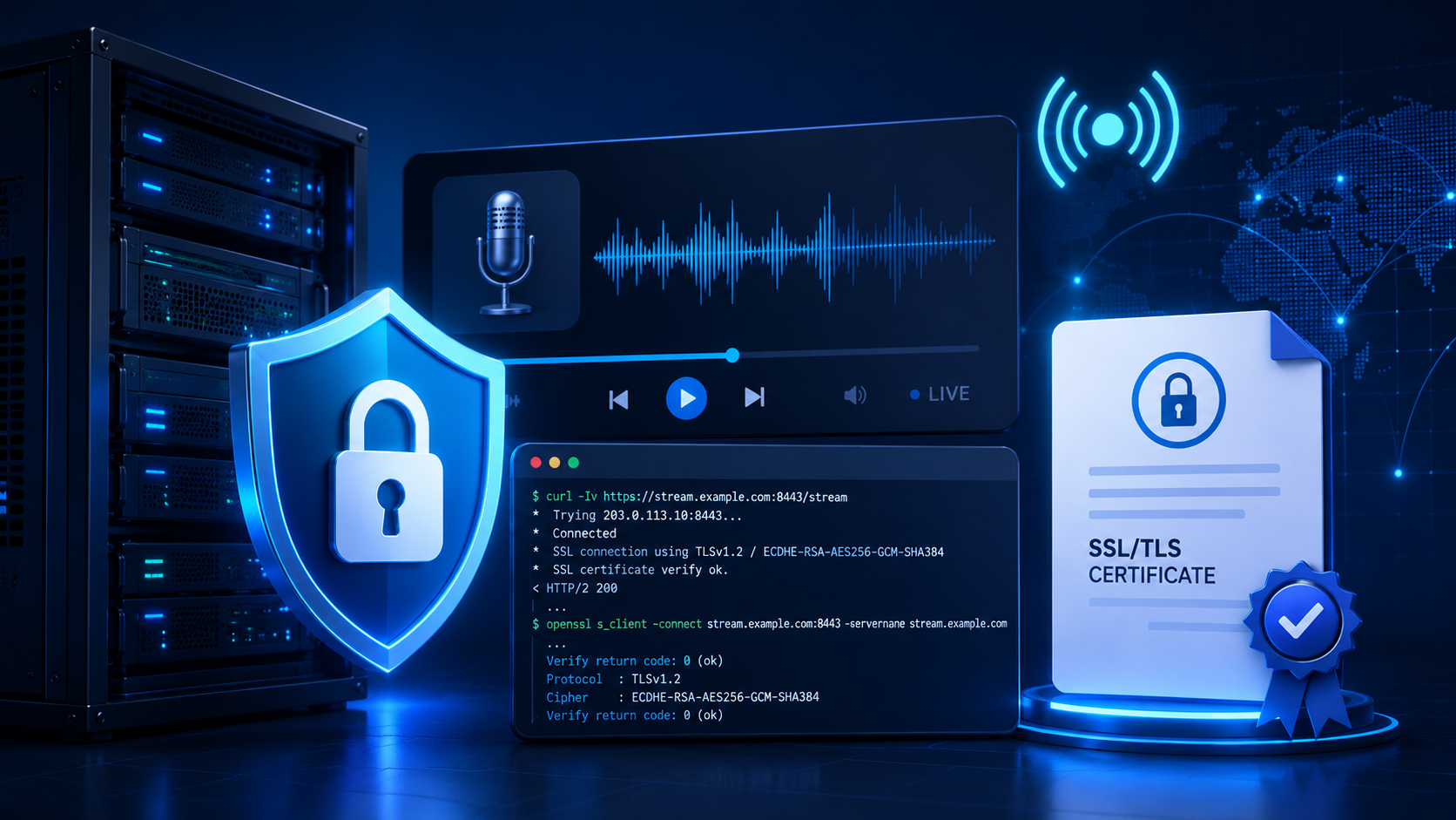 HTTPS radio stream server with SSL certificate, security padlock and diagnostic tools