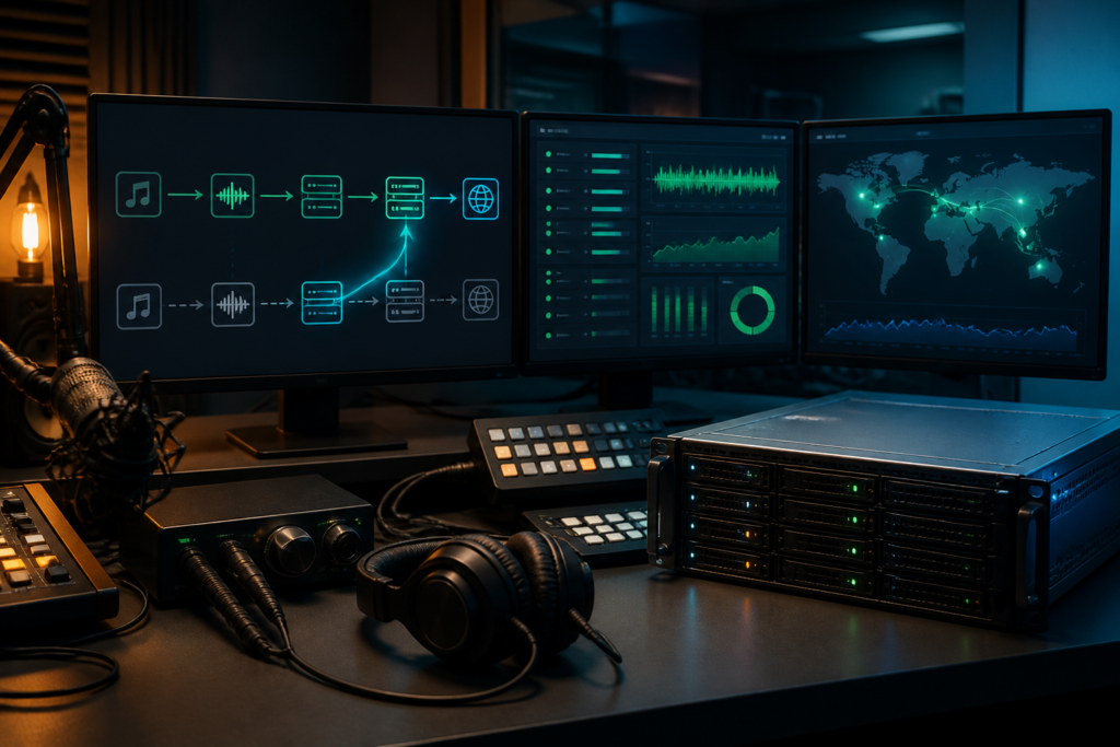 Broadcast streaming setup with server migration planning and monitoring screens