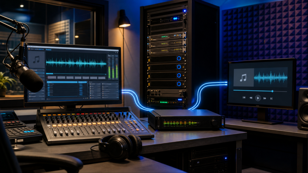 Radio streaming setup with playout software, encoder and online stream